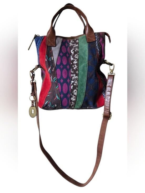 Fossil Handbags - Fossil Patchwork Tote Crossbody Bag Multicolor Suede Canvas Leather Key Charm